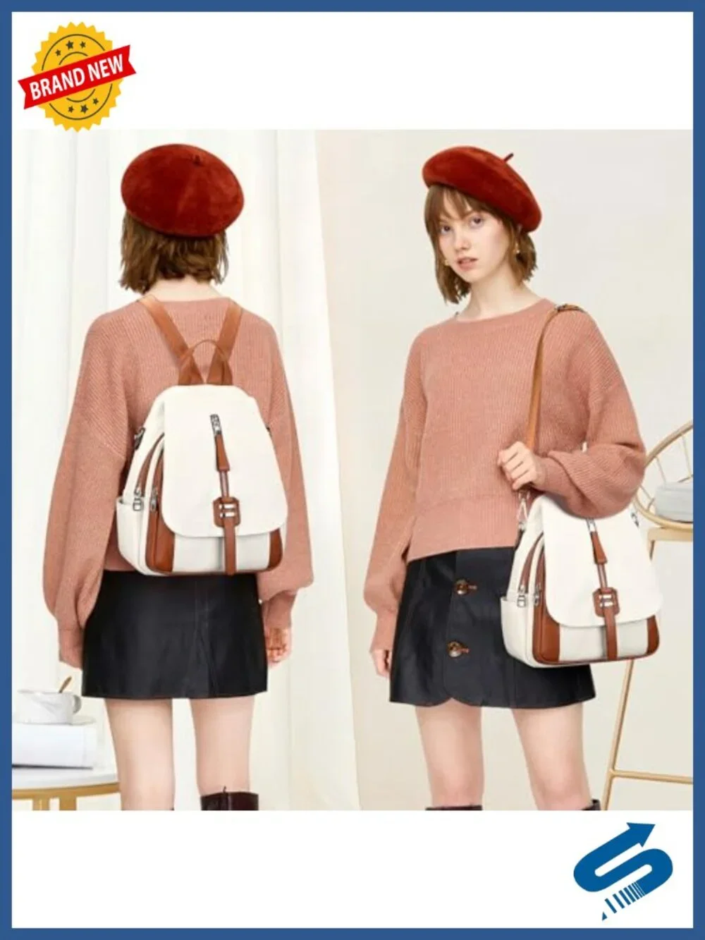 Genuine Leather Backpack for Women Convertible Shoulder Bag Buckle Flap